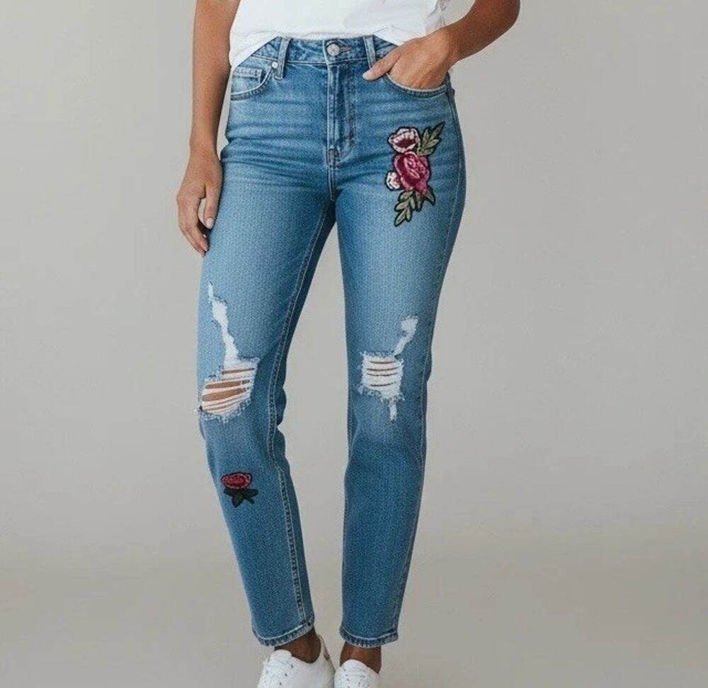 K Jordan Jeans, embroidered roses, distressed. Size 4